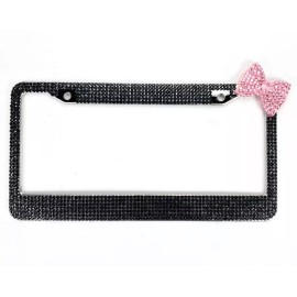 BLVD Pink Bow Tie Bling Diamond Crystal Black License Plate Frame For Front/Rear
