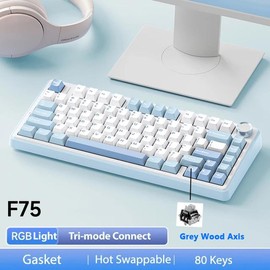 AULA F75 Wireless Keyboard Mechanical, Rechargeable 3 Mode Keyboard Gaming Keyboard, RGB Gasket Wireless Keyboard, Office Customized 75% Layout Gamer Keyboard, Gaming Room Supplies - Color: White + Blue, Specification: Grey Wood Axis