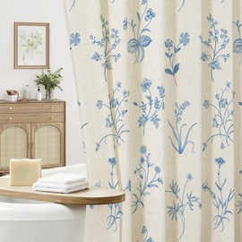 MitoVilla Blue Boho Linen Shower Curtain, Vintage Botanical Curtain for Bathroom, Rustic Country Plant Cottagecore Bathroom Decor Waterproof Fabric 72x72 Inch