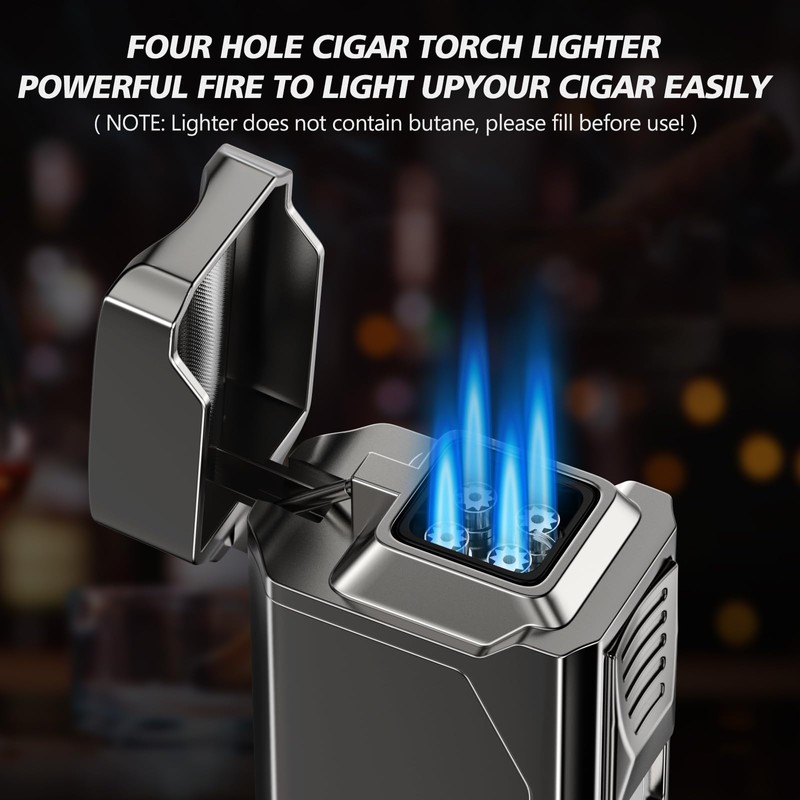 Tesonway Cigar Torch Lighter, 4 Jet Flame Cigar Lighter with