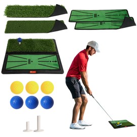 Golf Hitting Mat, 4 PCS Dual Turf Golf Practice Mat for Indoor Outdoor Swing Path Feedback, Driving, Chipping, Putting, Durable Artificial Grass Golf Mats for Men Women, 20"x16" Training Aid with Tees