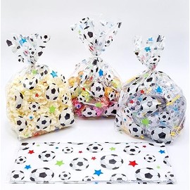 20 x FOOTBALL SOCCER theme empty clear cellophane football and star design treat party gift bags with twist ties for boys and girls