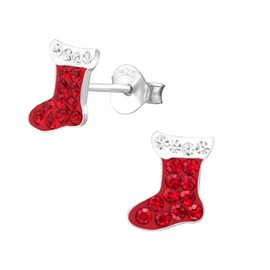 Christmas Stocking Earrings .925 Sterling Silver Santa Claus Crystal Studs