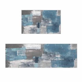 Libaoge Dusty Blue Kitchen Rugs and Mats Set of 2 Blue Grey Abstract Mordern Anti Fatigue Kitchen Mats for Floor Kitchen Sink Mat Area Runner Rug for Home Dining Room Office 19.7"x31.5"+19.7"x47.2"