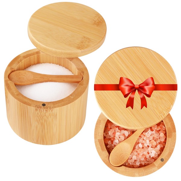 Timtopno Bamboo Salt Cellar, 2 PCS Salt Container with Built-in