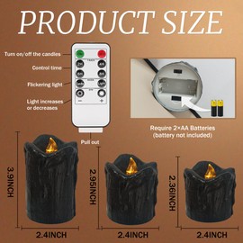 NjaoHoo LED Flameless Candles Battery Operated Real Wax Flickering Pillar Candle Set with Remote Control and Timer Rustic Primitive Lights Decor Vintage Candles, 2.3" 3" 4" Pack of 3(Black)