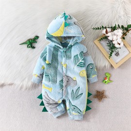 Yaopelky Newborn Baby Dinosaur Snowsuit Infant One Piece Hooded Jumpsuit Toddler Cartoon Romper Winter Warm Fleece Outfit (Green, 6-9 Months)