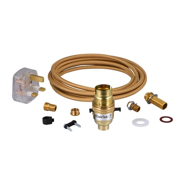 ElekTek Premium Lamp Kit Brass Safety Switch B22 Lamp Holder with Round Gold Flex and 3A UK Plug