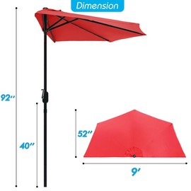 STANDERECT 9FT Half Patio Umbrella, Outdoor Wall Umbrella with Easy Hand Crank, 5 Sturdy Ribs, UV Protection for Pool Garden Balcony Deck (Red, 9FT)