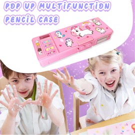 LilyBeauty Pop Up Multifunction Pencil Case for Girls and Boys, Cute Cartoon Pen Box Organizer Stationery, Sharpener, Schedule, Whiteboard, School Supplies, Best Gifts for Kids (Pink Unicorn)