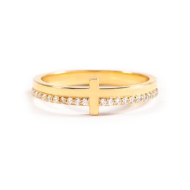 STORYJEWELLERY Gold Cross Rings for Women, 925 Sterling Silver Purity Ring with Cubic Zirconia, Dainty Christian Jewelry Non Tarnish, Confirmation and Baptism Gifts, Size 10