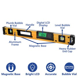 Big Horn 14222 24 Inch Magnetic Digital Level with Bubble, Memory Functions and Protractor - IP54 Dustproof and Waterproof - Carrying Case