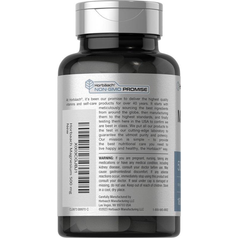 Horbäach Magnesium 500mg | 180 Caplets | Vegetarian, Non-GMO, and