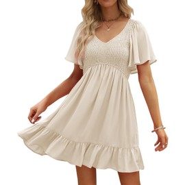 LILLUSORY Women's Flowy Casual Mini Dresses 2024 Summer Smocked V Neck Flutter Sleeve Graduation Dress with Pockets Apricot L