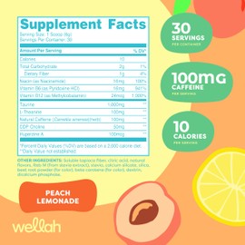 Wellah Perfect Pick-Me-Up (Peach Lemonade) 30 Servings - Water Enhancer with Caffeine & L-Theanine, Energy Boost Drink Mix