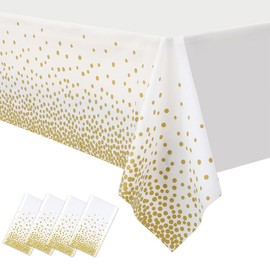 YZDZSW Waterproof Party Tablecloth, 4 PCS Gold Polka Dot White Base Tablecloth, Disposable Plastic Tablecloths for Picnic Weddings Birthday Parties(137 * 275CM)