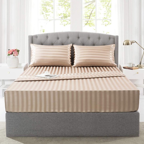 Satin-Silk Sheets Queen Size Bed Set, Taupe Soft Cooling Deep