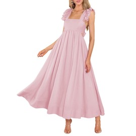 MITILLY Women's Summer Flutter Sleeve Square Neck Tie Back Casual Pleated A-Line Flowy Maxi Dress with Pockets Small Pink
