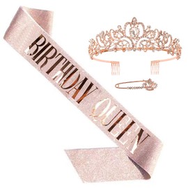 Huazontom Birthday Crown Brooch 3-Piece Set "BIRTHDAY QUEEN" Tiara, Party Goods, Birthday Headband, Party Hat, Birthday Decoration, Girl, Stylish, Rose Gold, Elegant, "Birthday Queen"