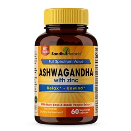 SANDHUHERBALS Sandhu Herbals Ashwagandha with Zinc Black Pepper Extract Ashwagandha Powder Supplement 60 Vegetarian Capsules