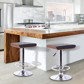 Armen Living Java Barstool in Black Faux Leather, Walnut Wood and Chrome Finish, 24-33" Adjustable Seat Height