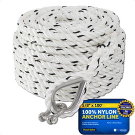 Five Oceans Anchor Line 5/8" x 100', Anchor Rope Line, Marine Premium 3-Strand White Nylon Boat Anchor Rope - Stainless Steel Thimble and Shackle, Ideal for Mooring Anchoring Towing - FO4488-C100