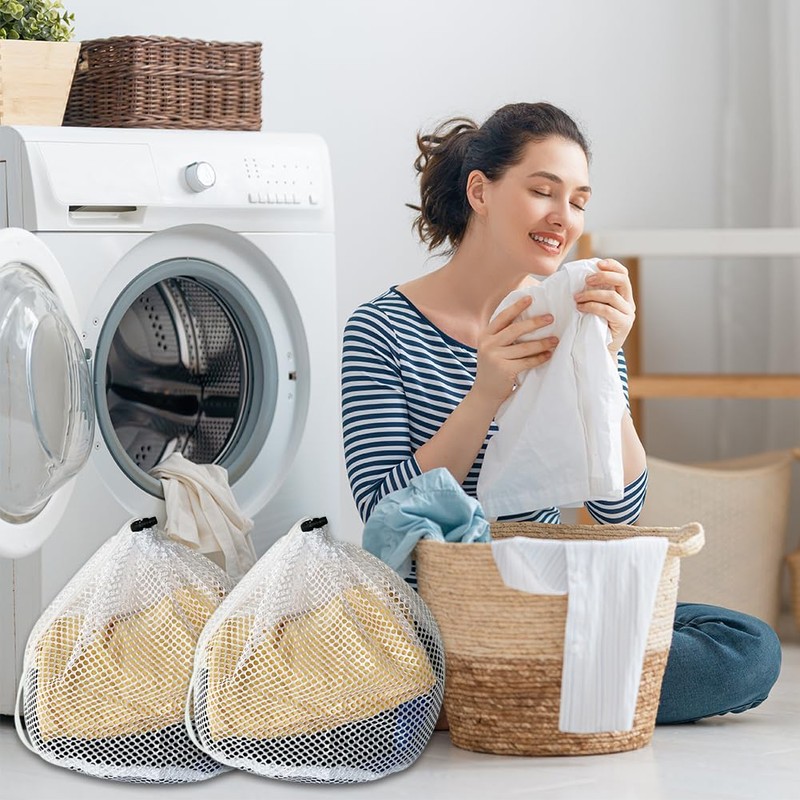 GZSYWZ 2 Pcs Mesh Laundry Bag with Drawstring Linen Portable