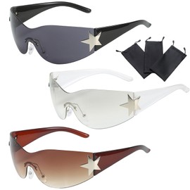 Hachera Pack of 3 Punk Rimless Glasses, Rimless Y2k Sunglasses, Y2K Wraparound Sunglasses, Wraparound Futuristic Glasses for Outdoor Use, Sun Protection in Summer, Everyday Wear, Black, white, brown