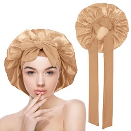 Yuanchu Satin Bonnet for Sleeping Women, Soft Adjustable Elasticity Band Satin Cap for Sleeping, Double Layer Satin Lined Hair Bonnet with Tie Band for Women Curly Hair(Gold)