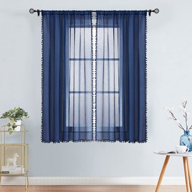 Pom-Pom Blue Sheer Curtains for Bedroom 63" Window Drapes Rod Pocket Textured Sheer Curtain Panels for Boy's Room Navy 52" w 2 pcs