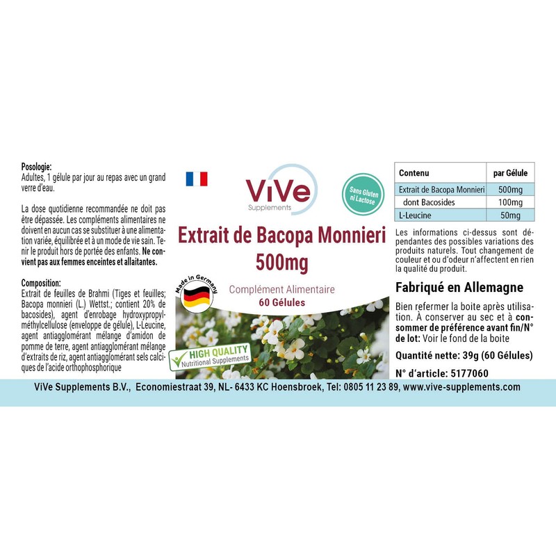 Bacopa Monnieri Extract, 500 mg, 60 Capsules, Standardised Extract, 20%