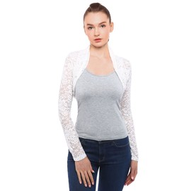 AmélieBoutik Women Full Lace Long Sleeve Cropped Cardigan Bolero Shrug (Ivory White Large)