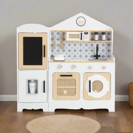 Teamson Kids Little Chef Morocco Play Kitchen with Chalkboard, Ice Dispenser, and 11pc. Accessory Set, White/Natural