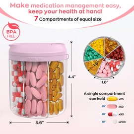 Hionxmga Pill Dispenser with 7 Large Compartments, Pill Organizer for Travel, Supplement Organizer with Anti-Mixing Design, BPA-Free Pill Container with 20 Pcs Labels, Pink