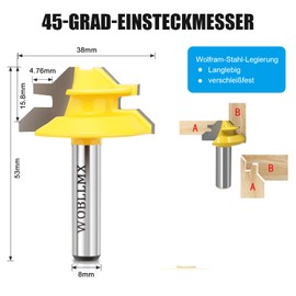 WOBLLMX 45 Degree Gluing Milling Cutter Mitre Milling Cutter 8 mm Shank, 15.8 mm Cutting Height, 45° Lock Miter Router Bit Woodworking Cutting Tool for Engraving Machine Trimming Machine (1 Piece)