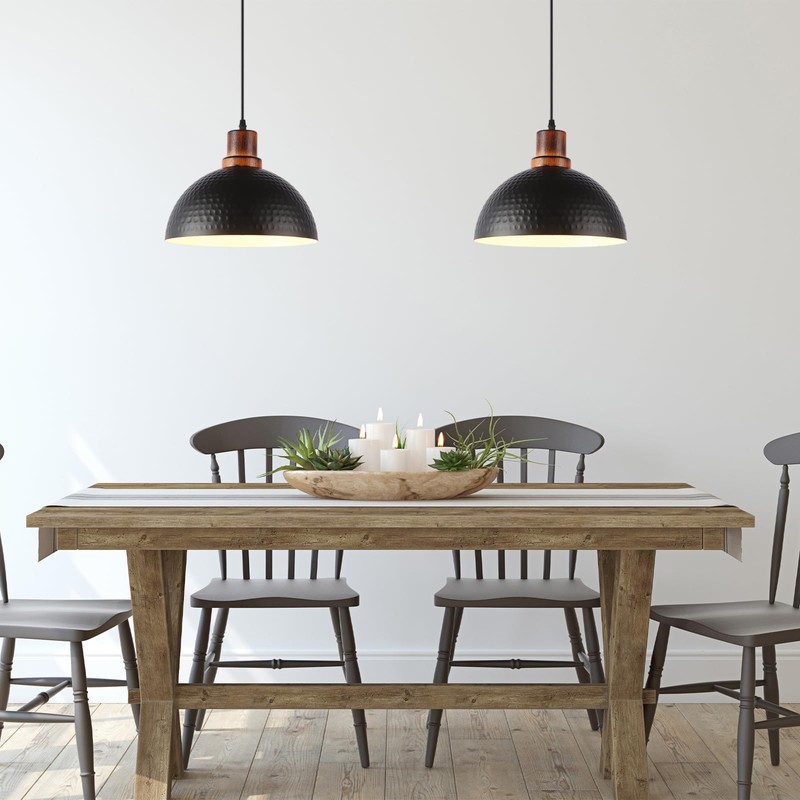 Mgcanyu Black and Wood Pendant Lights 2 Pack, 11.8" Hammered