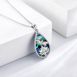AXOMY Dragonfly Necklace 925 Sterling Silver Lotus Necklace Abalone Shell Dragonfly Pendant Dragonfly Jewelry Gifts for Women