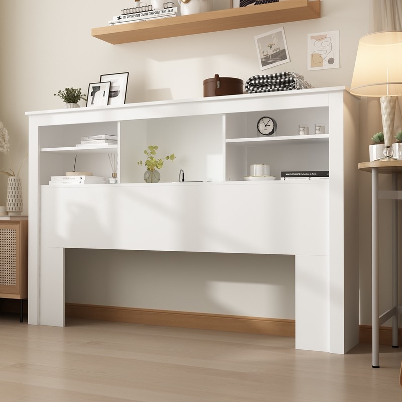 Timechee 65"W Timechee Wooden Bookcase Headboard With Light - With-Outlet,