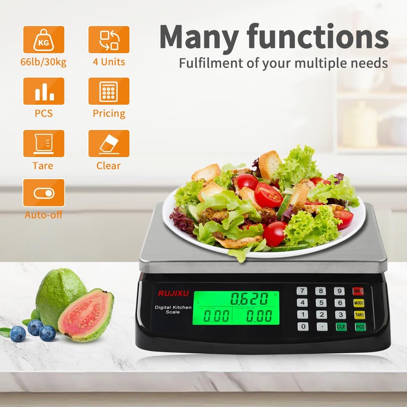 Large Digital Kitchen Scale Black 30kg/66lb Commercial Food Scale Stainless