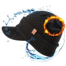 TOP-EX Waterproof Visor Beanie Hat for Men Winter Knit Skull Stocking Cap with Brim Women, Merino Wool & Fleece Lined & Water Proof Headwear for Cold Weather Black, Medium Large