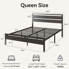 Susalt 14 Inch Queen Bed Frame with Wood Headboard and Footboard, Sturdy Metal Bed Frame Queen Size with 12.5" Large Under-Bed Storage/No Box Spring Needed/Non-Slip/Noise Free/Easy Assembly, Black Oak