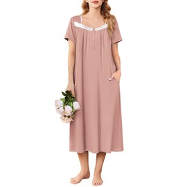 Ekouaer Women's Nightgowns Floral Print Night Gown Ladies Long Nightdress Victorian Sleep Shirt Pink