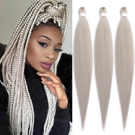Sliver Braiding Hair Pre stretched 30 Inch 3 Packs Pre stretched Braiding Hair Yaki Texture Synthetic Hair Extension Itch Free Hot Water Setting(30", Sliver#,3Packs)