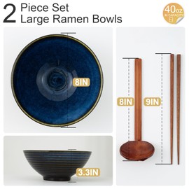 ArtifexCeram 8" Ceramic Ramen Bowl Set of 2, 40oz Japanese Bowls with Spoons & Chopsticks, Durable, Microwave & Dishwasher Safe, Perfect for Ramen, Pho, Salad, Soup, Udon, Noodles (Blue Topaz)