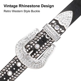 Rhinestone Studded Western Leather Belt,Women Ladies Vintage Cowgirl Bling Design Waist Belts for Pants Jeans Dresses, Black, Fits Pants Size 39-43 Inches
