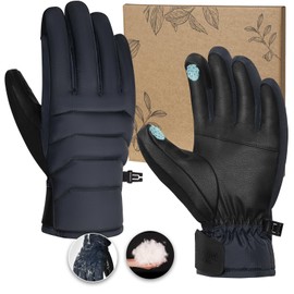 Pixel Panda Winter Light Down Gloves for Men Women, Warm Winter Touchscreen Gloves, Anti-Slip PU Palm with Velcro Fastener Snow Gloves for Cold Weather, Commuting, Running, Walking(Navy, XS)