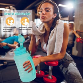 Collapsible Water Bottles, 2L/64OZ travel water bottle Bottle with Straw, Half Gallon Large Water Bottle for Travel Outdoor Sports Runing Fitness Yoga (Upgraded Snow Cyan)