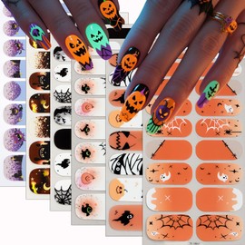 winthrop 6 láminas de pegatinas completas para uñas de Halloween, tiras de esmalte de uñas, calcomanías autoadhesivas para uñas que brillan en la oscu