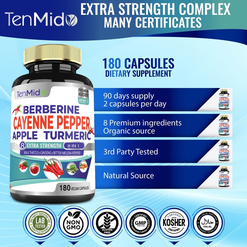 Cayenne Pepper Supplements Extract Capsules, 180 Capsules & Berberine, Apple,