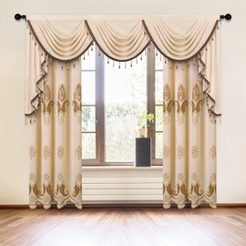 ELKCA Thick Chenille Window Curtains Valance for Living Room, Beige Valance with Beads for Bedroom,Rod Pocket (W98inch,1 Panel)